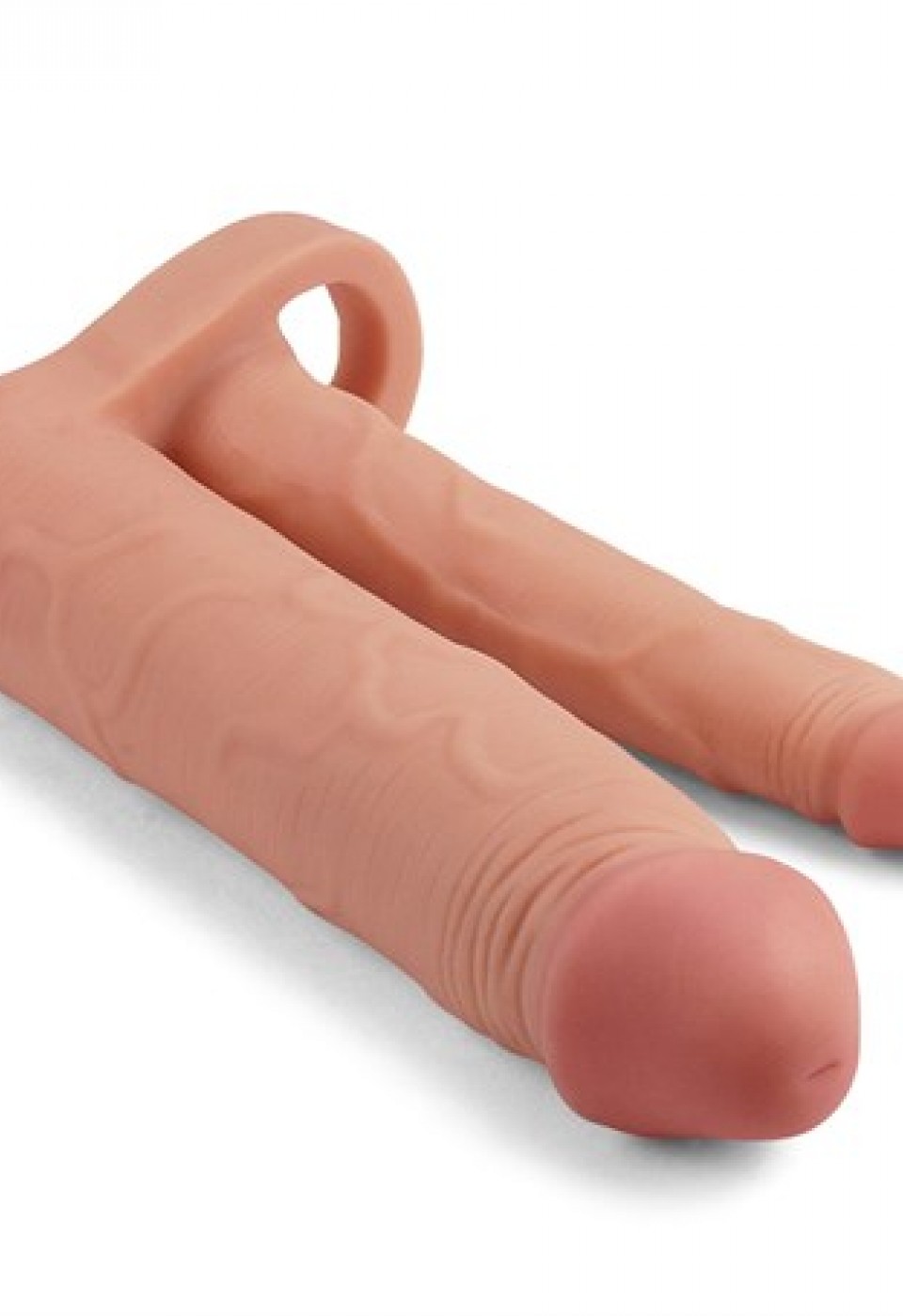 5 cm Uzatmalı Çiftli İçi Boş Testis Kavramalı 20 cm Çatal Dildo Penis Kılıfı
